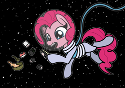 Size: 2048x1448 | Tagged: safe, artist:ewoudcponies, pinkie pie, earth pony, pony, g4, chopsticks, dexterous hooves, female, food, hoof hold, mare, open mouth, solo, soup, space, space helmet, spacesuit, sushi