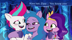 Size: 1920x1080 | Tagged: safe, edit, edited screencap, screencap, izzy moonbow, pipp petals, zipp storm, pegasus, pony, unicorn, g5, my little pony: tell your tale, ooh a new friend, blushing, cave, female, horn, incest, lesbian, looking at each other, looking at someone, mare, royal sisters (g5), ship:petalstorm, shipper on deck, shipping, siblings, sisters, smiling, speech, talking, text, trio, trio female