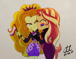 Size: 3190x2480 | Tagged: safe, artist:arturo_t1912, artist:ilustracionestoro2, part of a set, adagio dazzle, sunset shimmer, human, equestria girls, g4, :t, adagio dazzle is not amused, annoyed, bisexual, bisexual pride flag, cheek kiss, duo, duo female, eyes closed, female, kissing, lesbian, lesbian pride flag, pride, pride flag, pride month 2024, ship:sunsagio, shipping, show accurate, sunset shimmer is bisexual, textured background, unamused