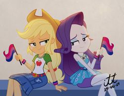 Size: 3190x2480 | Tagged: safe, artist:arturo_t1912, artist:ilustracionestoro2, part of a set, applejack, rarity, human, equestria girls, g4, bedroom eyes, bisexual, bisexual applejack, bisexual pride flag, bisexual rarity, bracelet, clothes, cowboy hat, dress, duo, duo female, female, flag, hat, implied shipping, jewelry, lesbian, lidded eyes, pride, pride flag, pride month 2024, rarity peplum dress, ship:rarijack, shipping, show accurate, side view, sitting, smiling, textured background