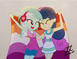 Size: 3190x2480 | Tagged: safe, artist:arturo_t1912, artist:ilustracionestoro2, part of a set, bon bon, lyra heartstrings, sweetie drops, human, equestria girls, g4, clothes, dress, duo, duo female, eyes closed, female, flag, lesbian, lesbian pride flag, looking at each other, looking at someone, one eye closed, pride, pride flag, pride month 2024, ship:lyrabon, shipping, show accurate, simple background, smiling, textured background