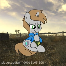 Size: 1000x1000 | Tagged: safe, artist:unitxxvii, oc, oc only, oc:littlepip, earth pony, pony, fallout equestria, cheating, console command, female, mare, outdoors, pipbuck, sitting, solo