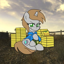 Size: 1000x1000 | Tagged: safe, artist:unitxxvii, oc, oc only, oc:littlepip, earth pony, pony, fallout equestria, cheating, female, looking at you, mare, narrowed eyes, no pupils, outdoors, pipbuck, smiling, smiling at you, solo