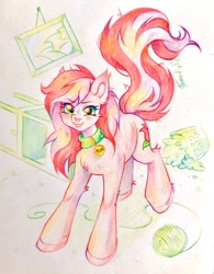 Size: 1681x2160 | Tagged: safe, artist:paradise, roseluck, earth pony, pony, g4, behaving like a cat, collar, commission, commissioner:doom9454, cute, pet tag, pony pet, rosepet, traditional art, yarn, yarn ball