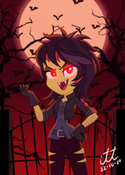 Size: 3543x4961 | Tagged: safe, artist:arturo_t1912, artist:ilustracionestoro2, sunset shimmer, bat, human, undead, vampire, equestria girls, g4, blood moon, clothes, costume, evil smile, eyeliner, fangs, female, full moon, gate, gloves, glowing, glowing eyes, graveyard, halloween, halloween 2024, halloween costume, holiday, human female, looking at you, makeup, moon, night, outdoors, red eyes, red eyes take warning, short hair, show accurate, smiling, solo, torn clothes, tree, vampire shimmer