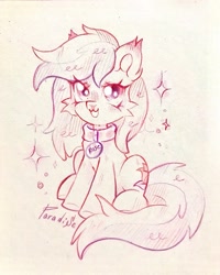 Size: 1725x2160 | Tagged: safe, artist:paradise, roseluck, earth pony, pony, g4, collar, commissioner:doom9454, cute, pet tag, pony pet, rosepet, sitting, traditional art