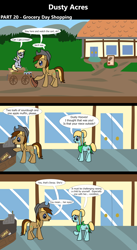 Size: 1920x3516 | Tagged: safe, artist:platinumdrop, derpy hooves, oc, oc:dusty hooves, unnamed oc, earth pony, pegasus, comic:dusty acres, series:technoverse, g4, 3 panel comic, comic, commission, dialogue, female, filly, foal, male, sitting, smiling, speech bubble, stallion, younger