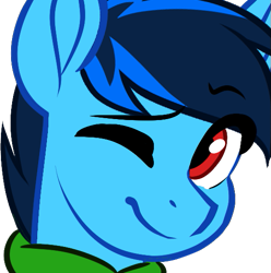 Size: 537x541 | Tagged: safe, artist:mxiiisy, oc, oc only, oc:cobalt chaser, pegasus, pony, blue coat, blue mane, clothes, digital art, emotes, hoodie, jacket, looking at you, male, one eye closed, pegasus oc, red eyes, simple background, smiling, solo, sweater, transparent background, wink, winking at you