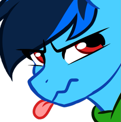 Size: 537x541 | Tagged: safe, artist:mxiiisy, oc, oc only, oc:cobalt chaser, pegasus, pony, :p, angry, blue coat, blue mane, clothes, digital art, emotes, hoodie, jacket, looking back, male, pegasus oc, red eyes, simple background, solo, sweater, tongue out, transparent background