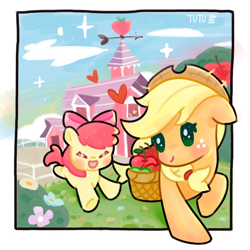 Size: 886x886 | Tagged: safe, artist:tutu君, apple bloom, applejack, earth pony, pony, :d, apple, apple sisters, barn, basket, blushing, bow, bush, chibi, eyes closed, female, filly, flower, foal, food, grass, hair bow, hat, humping, mare, open mouth, open smile, outdoors, passepartout, siblings, sisters, smiling, sweet apple acres