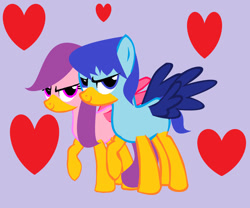 Size: 1280x1064 | Tagged: safe, artist:powergirlcrossover, bird, pegasus, pony, roadrunner, g4, base used, closed mouth, duo, female, heart, lavender background, looney tunes, male, mare, merrie melodies, miley runner, ponified, raised hoof, road runner, roadrunner pony, rule 85, simple background, smiling, stallion