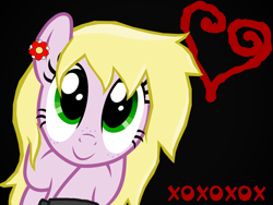 Size: 1030x776 | Tagged: safe, artist:reitanna-seishin, oc, oc only, oc:lizzy, pony, black background, blonde hair, bust, caption, ear piercing, freckles, green eyes, heart, image macro, piercing, pink coat, simple background, solo, text