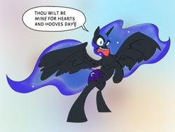 Size: 3360x2520 | Tagged: safe, artist:ponny, nightmare moon, alicorn, pony, g4, colored, crazy face, faic, heart, hearts and hooves day, solo, speech bubble, text