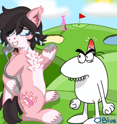 Size: 1960x2080 | Tagged: safe, artist:💎blue, oc, oc:brightbrush, bat pony, pony, angry, art trade, background character, blue eyes, colored background, crossover, glasses, golf, golf club, grass, head bump, pink panther, pink panther & pals, pink panther big nose, red flag, sand, sports, unshorn fetlocks, water, watermark, worried smile