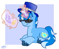 Size: 1051x885 | Tagged: safe, artist:natpack, oc, oc only, oc:blueshield, pony, unicorn, crystal, hat, horn, lying down, magic, male, signature, simple background, solo, stallion, sunglasses, top hat, unshorn fetlocks