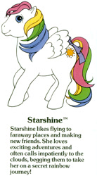 Size: 550x1000 | Tagged: safe, starshine, pegasus, pony, g1, my little pony fact file, official, bow, closed mouth, cute, female, g1 backstory, horn, mare, smiling, solo, stawwrshine, tail, tail bow, text, trademark