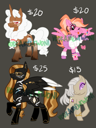 Size: 2052x2727 | Tagged: safe, artist:vodkamewtwoni, oc, oc only, earth pony, pegasus, pony, unicorn, adoptable, bracelet, chocolate, clothes, collared shirt, commission open, ear piercing, eyeshadow, food, friendship bracelet, gloves, gold, hair tie, horn, hot chocolate, jewelry, makeup, multiple piercings, nose piercing, piercing, purple eyelashes, shirt, shoes, skirt, socks, watermark, whipped cream, white eyelashes, wing piercing, wings