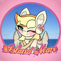 Size: 1640x1640 | Tagged: safe, artist:sodapop sprays, oc, oc only, oc:sodapop sprays, pegasus, pony, blushing, bust, chest fluff, clothes, ear fluff, eye clipping through hair, flower, freckles, hawaii, hawaiian, hawaiian flower in hair, looking at you, ocean, one eye closed, outdoors, partially open wings, plumaria, smiling, smiling at you, solo, text, water, wings, wink, winking at you