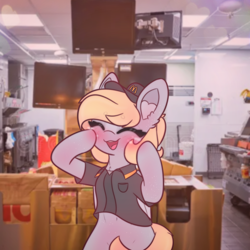 Size: 1920x1920 | Tagged: safe, artist:sodapop sprays, part of a set, derpy hooves, pegasus, pony, semi-anthro, series:derpy can't catch a break, g4, clothes, indoors, mcdonald's, part of a series, solo, this will end in death