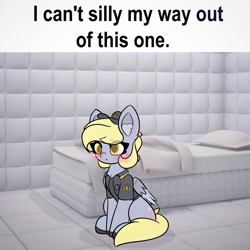 Size: 1920x1920 | Tagged: safe, artist:sodapop sprays, part of a set, derpy hooves, pegasus, pony, series:derpy can't catch a break, g4, clothes, colored hooves, colored pupils, commission, ear fluff, female, hat, hooves, i just don't know what went wrong, indoors, mare, mcdonald's, meme, padded cell, part of a series, shirt, silly, sitting, solitary confinement, solo, ych example, your character here