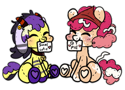 Size: 2077x1500 | Tagged: safe, artist:anykoe, oc, oc only, oc:cherry pie, oc:kimek naz, earth pony, goat, blushing, button, clothes, commission, cute, duo, earth pony oc, eyes closed, female, fluffy, hat, plushie, sign, simple background, sitting, solo, text, transparent background, ych result