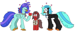 Size: 3179x1350 | Tagged: safe, artist:supahdonarudo, oc, oc only, oc:icebeak, oc:ironyoshi, oc:sea lilly, classical hippogriff, hippogriff, unicorn, blushing, camera, clothes, heart, holding, holiday, horn, jewelry, mouth hold, necklace, shirt, simple background, this will end in snu snu, transparent background, trio, valentine's day, valentine's day card