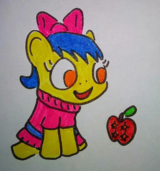 Size: 414x442 | Tagged: safe, artist:dex stewart, apple bloom, earth pony, pony, g4, apple, bulma, dragon ball, food, solo, traditional art