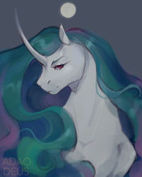 Size: 2113x2634 | Tagged: safe, artist:adaodeus, princess celestia, pony, g4, bust, curved horn, horn, missing accessory, portrait, solo