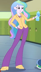 Size: 700x1212 | Tagged: safe, artist:creativet01, princess celestia, principal celestia, do it for the ponygram!, equestria girls, g4, my little pony equestria girls: better together, bracelet, clothes, cutie mark accessory, eyebrows, hand on hip, jacket, jewelry, lipstick, pants, pin, raised eyebrow, shirt, shoes, smiling, smirk, solo, watch, water bottle, wristwatch