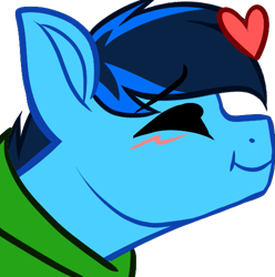 Size: 537x541 | Tagged: safe, artist:mxiiisy, oc, oc only, oc:cobalt chaser, pegasus, pony, blue coat, blue mane, blush lines, blushing, clothes, digital art, emotes, eyes closed, heart, hoodie, jacket, kissing, male, pegasus oc, simple background, solo, sweater, transparent background