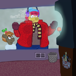 Size: 718x718 | Tagged: safe, apple bloom, button mash, anthro, them's fightin' herds, g4, arcade, arcade game, bundled up for winter, clothes, community related, duo, earmuffs, eyebrows, fat, female, hat, jacket, larger female, male, mittens, obese, older, older apple bloom, pants, physique difference, raised eyebrow, reflection, scarf, size difference, skinny, smaller male, stare, strong fat, sweater, thin, window