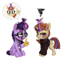 Size: 2048x2048 | Tagged: safe, artist:tuskonline, moondancer, twilight sparkle, pony, unicorn, g4, annoyed, clothes, emoji, eyewear, funny, glasses, horn, magic, messy mane, purple eyes, purple hair, purple mane, red mane, simple background, telekinesis, tornado, turtleneck, yellow coat