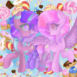 Size: 1024x1024 | Tagged: safe, artist:ella_starshade, oc, oc:bonbon, oc:mellow, pegasus, unicorn, candy, candy twins, clothes, female, food, horn, magic, siblings, sisters, socks, twins