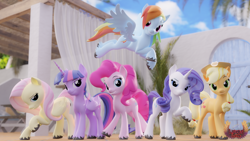 Size: 3840x2160 | Tagged: safe, artist:loveslove, applejack, fluttershy, pinkie pie, rainbow dash, rarity, twilight sparkle, alicorn, earth pony, pegasus, pony, unicorn, g4, 3d, applejack's hat, blurry background, cowboy hat, female, folded wings, hat, high res, hooves, horn, looking at you, mane six, outdoors, spread wings, twilight sparkle (alicorn), unshorn fetlocks, wings