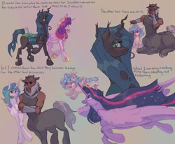 Size: 1700x1400 | Tagged: safe, artist:abbytabbys, cozy glow, lord tirek, princess cadance, princess celestia, queen chrysalis, twilight sparkle, alicorn, centaur, changeling, pegasus, pony, taur, series:chrysalis' diary, g4, female, lesbian, ship:cadalis, shipping, twilight sparkle (alicorn)