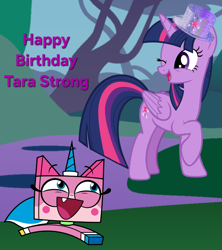 Size: 1064x1200 | Tagged: safe, artist:author92, twilight sparkle, alicorn, g4, duo, duo female, female, glitter, happy birthday, lego, one eye closed, tara strong, the lego movie, twilight sparkle (alicorn), unikitty, unikitty!, voice actor joke, wink