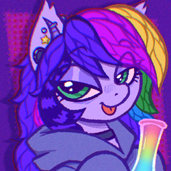 Size: 2048x2048 | Tagged: safe, artist:catponything, oc, oc only, oc:lullaby, bat pony, :p, bat pony oc, bong, bust, choker, clothes, commission, ear piercing, female, high, hoodie, looking at you, mare, piercing, portrait, smiling, smiling at you, solo, stoned, tongue out