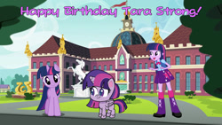 Size: 1280x720 | Tagged: safe, twilight sparkle, human, pony, equestria girls, g4, happy birthday, tara strong, trio