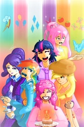 Size: 536x814 | Tagged: safe, artist:naafreelanceartist, applejack, fluttershy, pinkie pie, rainbow dash, rarity, twilight sparkle, bird, human, g4, birthday cake, cake, cutie mark background, eyes closed, female, food, grin, hug, humanized, mane six, mlp fim's ninth anniversary, smiling