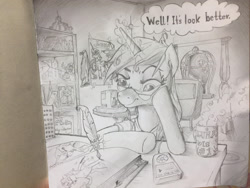 Size: 3264x2448 | Tagged: safe, artist:naafreelanceartist, princess celestia, princess luna, oc, alicorn, pony, unicorn, g4, artist, bookshelf, detailed, drawing, earbuds, figurine, glasses, glowing, glowing horn, horn, indoors, mug, music player, night, pencil drawing, quill, sitting, sketchbook, style emulation, table, thought bubble, traditional art