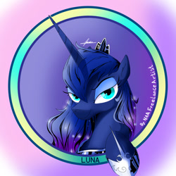 Size: 1000x1000 | Tagged: safe, artist:naafreelanceartist, princess luna, pony, g4, bust, female, hoof shoes, jewelry, looking at you, mare, portrait, regalia, smiling, solo