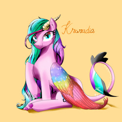 Size: 1000x1000 | Tagged: safe, artist:naafreelanceartist, oc, oc only, oc:kraradia, dracony, dragon, hybrid, pony, colored wings, dracony oc, multicolored wings, rainbow wings, simple background, sitting, solo, wings