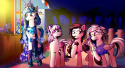 Size: 1980x1080 | Tagged: safe, artist:naafreelanceartist, applejack, pinkie pie, princess luna, queen chrysalis, trixie, twilight sparkle, oc, alicorn, pegasus, pony, unicorn, g4, carnival, clothes, crown, figurine, food, horn, jewelry, magic wand, muffin, night, outdoors, plushie, pouting, regalia, scarf, shirt, t-shirt, twiggie, twilight sparkle (alicorn)