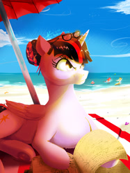 Size: 2711x3615 | Tagged: safe, artist:naafreelanceartist, fluttershy, pinkie pie, rainbow dash, twilight sparkle, alicorn, earth pony, pegasus, pony, g4, beach, beach ball, beach umbrella, book, female, glasses, glasses on head, hair bun, high res, lying down, mare, ocean, outdoors, prone, signature, smiling, smirk, solo, twilight sparkle (alicorn), water