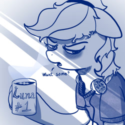 Size: 2000x2000 | Tagged: safe, artist:naafreelanceartist, oc, oc only, oc:naa, earth pony, pony, bags under eyes, bust, clothes, coffee, dialogue, high res, holding, morning ponies, mug, sketch, solo, talking to viewer