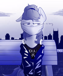 Size: 2500x3000 | Tagged: safe, artist:naafreelanceartist, oc, oc only, oc:naa, earth pony, pony, bench, city, clothes, dialogue, face mask, high res, mask, monochrome, one ear down, outdoors, sitting, solo