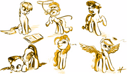 Size: 2550x1500 | Tagged: safe, artist:naafreelanceartist, applejack, fluttershy, pinkie pie, rainbow dash, rarity, twilight sparkle, cockroach, earth pony, insect, ladybug, pegasus, pony, unicorn, g4, book, dialogue, disgusted, female, hopping, lasso, mane six, mare, rearing, rope, sitting, sketch, spread wings, unicorn twilight, wings