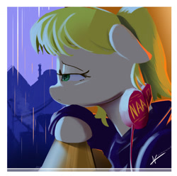 Size: 1240x1230 | Tagged: safe, artist:naafreelanceartist, oc, oc only, oc:naa, pony, bust, clothes, floppy ears, headphones, leaning, portrait, railing, rain, sad, solo