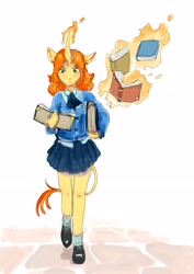 Size: 2480x3508 | Tagged: safe, artist:kovoranu, sunset shimmer, unicorn, anthro, g4, book, horn, magic, solo