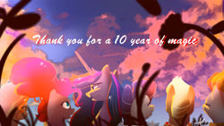 Size: 1920x1080 | Tagged: safe, artist:naafreelanceartist, applejack, fluttershy, pinkie pie, rainbow dash, rarity, twilight sparkle, alicorn, pony, mlp fim's tenth anniversary, g4, evening, female, looking up, mane six, mare, older, older applejack, older fluttershy, older mane six, older pinkie pie, older rainbow dash, older rarity, older twilight, older twilight sparkle (alicorn), princess twilight 2.0, sky, twilight sparkle (alicorn)